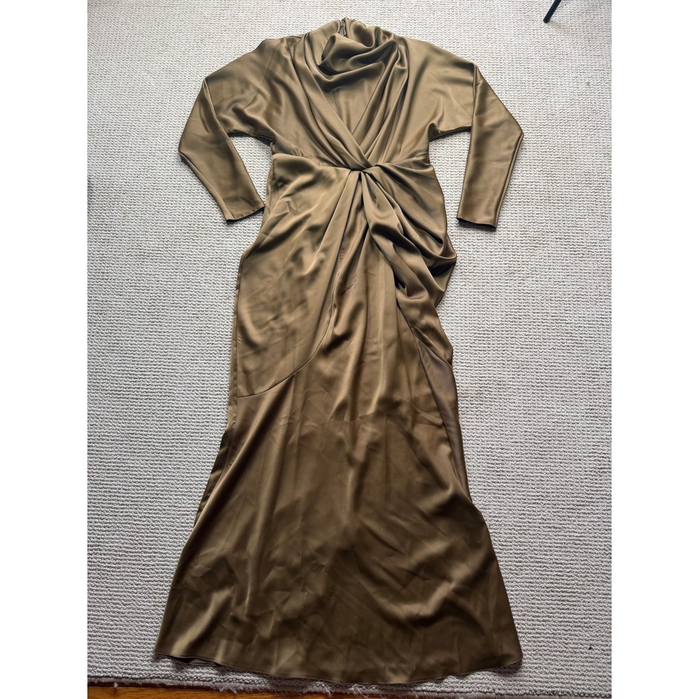 ASOS Olive Green or Tan Satin Maxi Dress with Draped Twist Detail